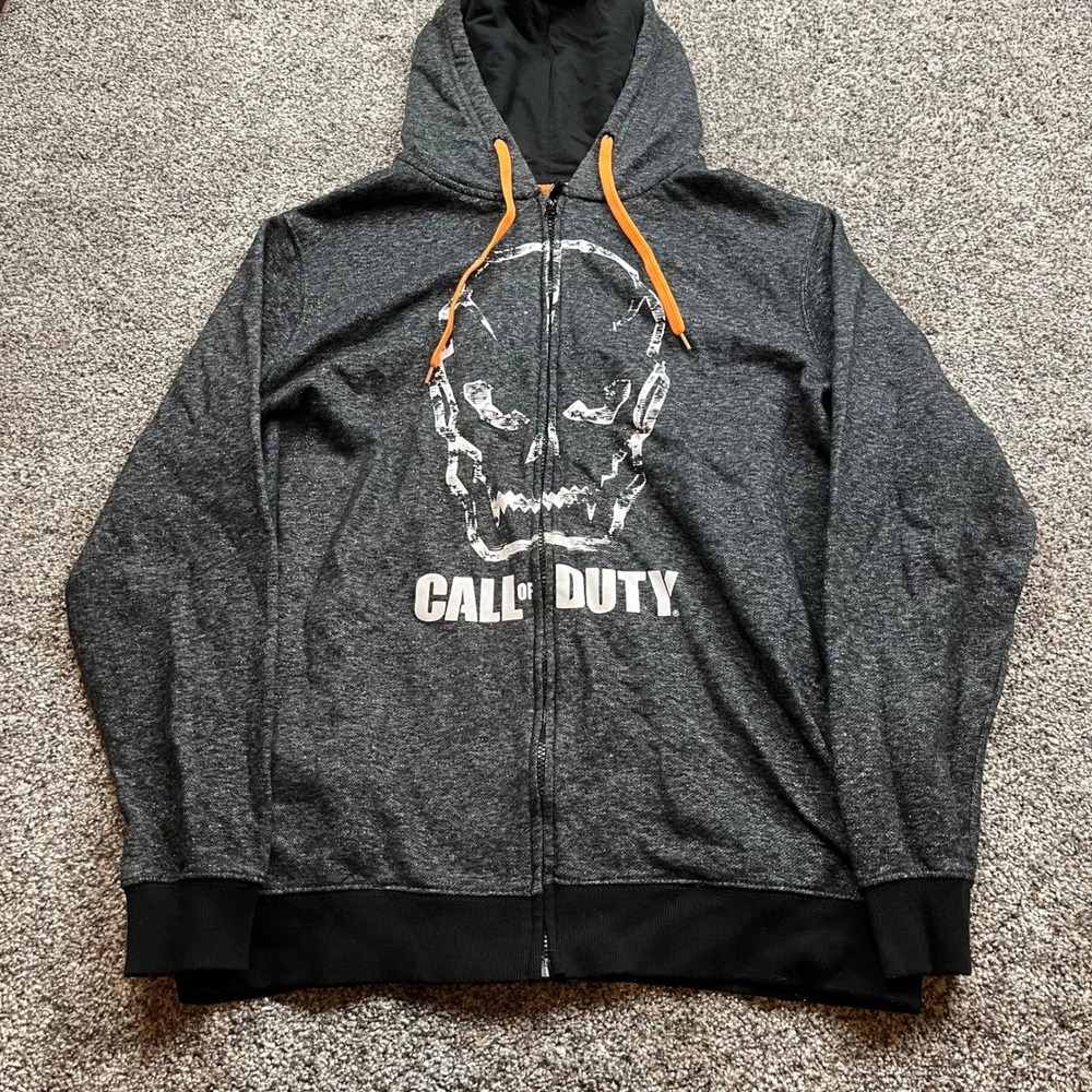 Call of Duty Hoodie Mens XL jacket Black Ops Skull Zip Up Orange Drawstrings